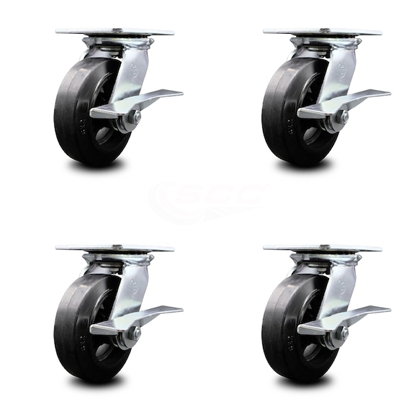 6 Inch Heavy Duty Rubber on Steel Caster Set with Ball Bearings and Brakes SCC